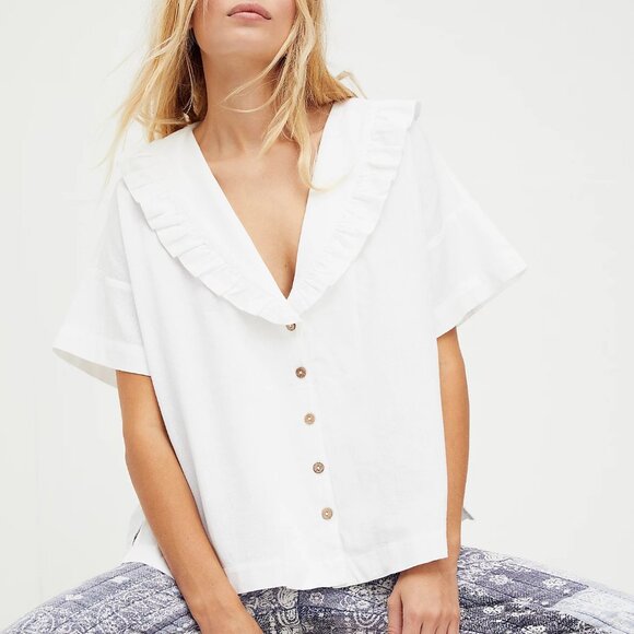 Free People Tops - [Free People] The Simple Pleasures Cotton Linen Blend Ruffle Collar Top Small